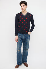 Gucci Navy & Red Wool Printed Sweater