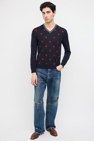 Gucci Navy & Red Wool Printed Sweater