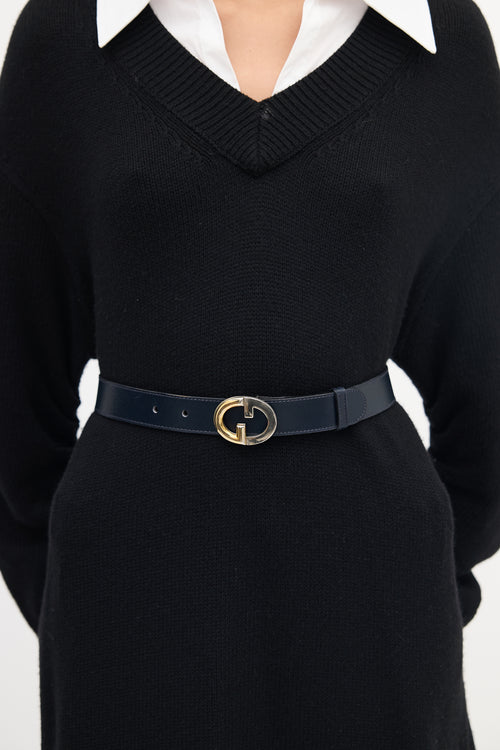 Gucci Navy Leather Two Tone GG Buckle Belt