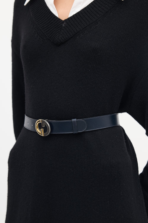 Gucci Navy Leather Two Tone GG Buckle Belt