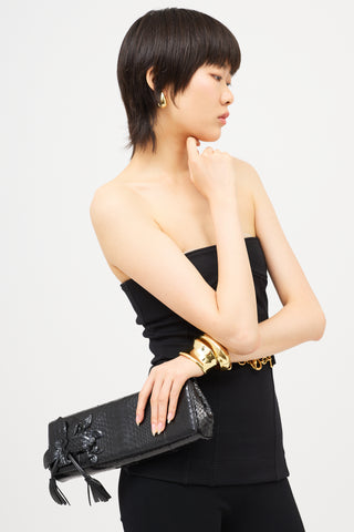 Gucci Leather Flower Tassel Clutch