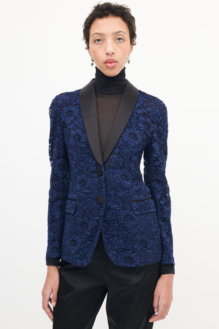 Gucci Navy Floral Lace Tuxedo Blazer