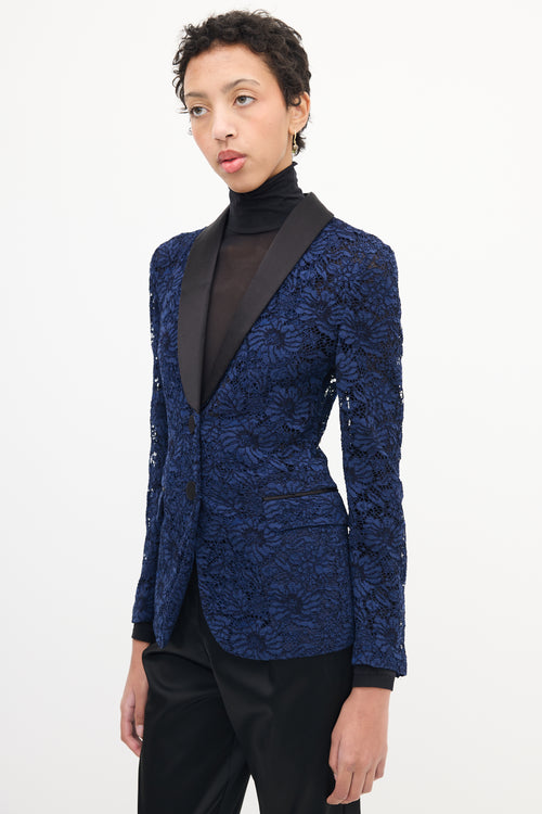 Gucci Navy Floral Lace Tuxedo Blazer