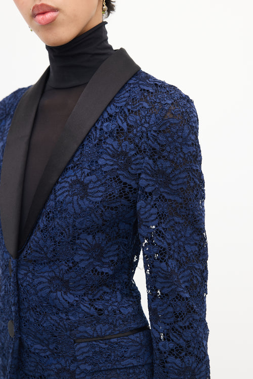 Gucci Navy Floral Lace Tuxedo Blazer