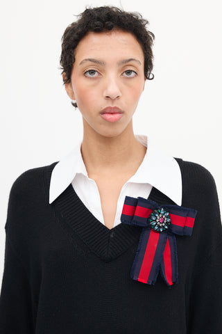 Gucci Navy & Red Web Embellished Bow Brooch