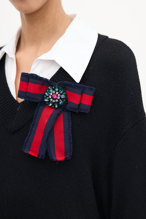 Gucci Navy & Red Web Embellished Bow Brooch