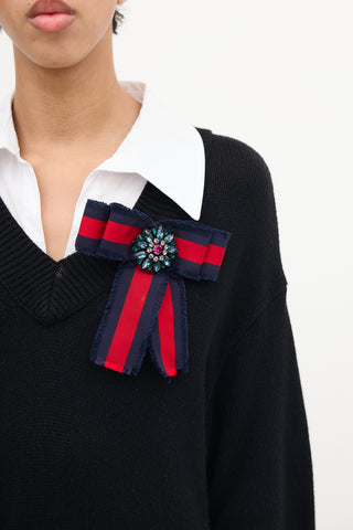 Gucci Navy & Red Web Embellished Bow Brooch