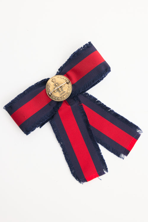 Gucci Navy & Red Web Embellished Bow Brooch