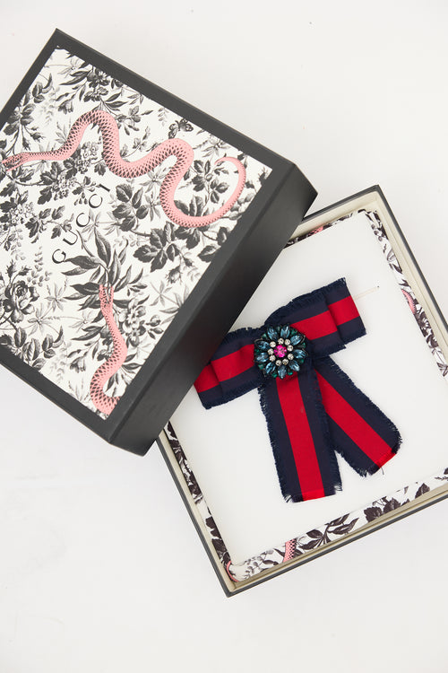 Gucci Navy & Red Web Embellished Bow Brooch