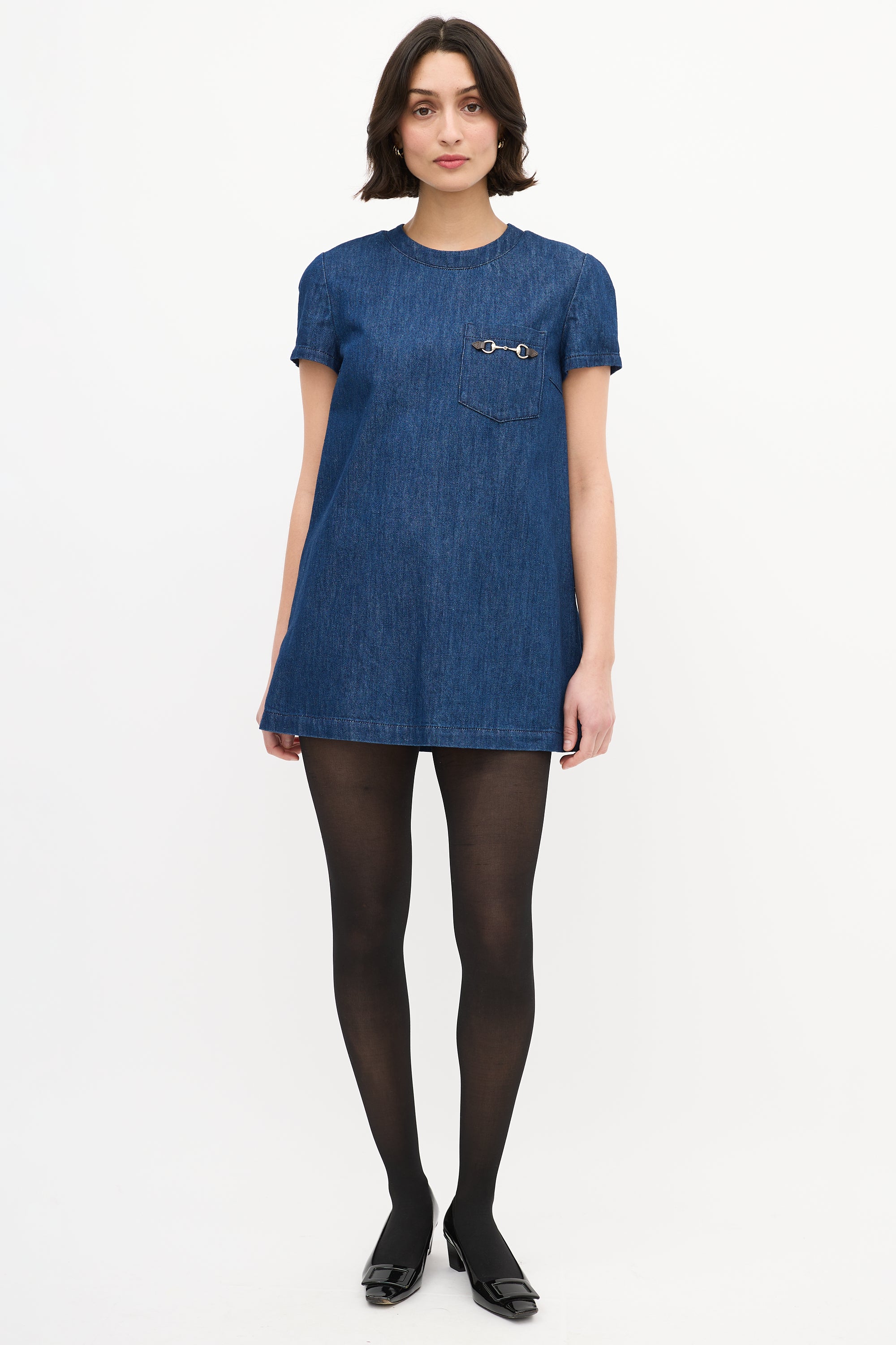 gucci denim mini dress GUCCI Belted Denim Mini Dress