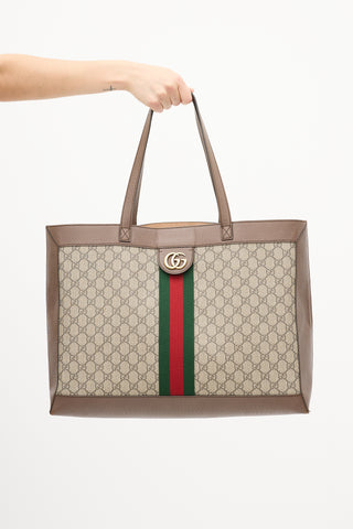 Gucci Brown Leather & Canvas GG Supreme Ophidia Tote Bag