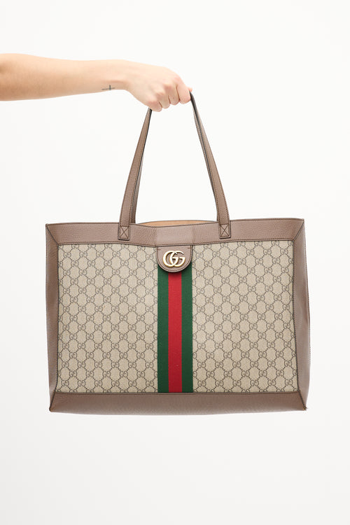 Gucci Brown Leather & Canvas GG Supreme Ophidia Tote Bag