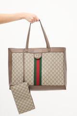 Gucci Brown Leather & Canvas GG Supreme Ophidia Tote Bag