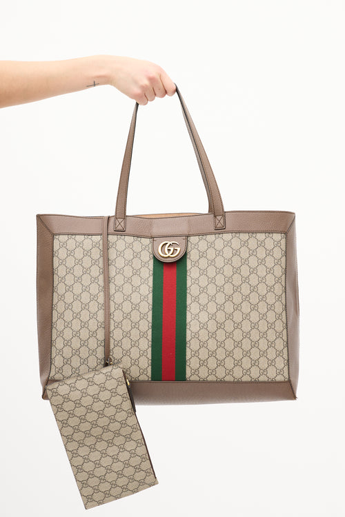 Gucci Brown Leather & Canvas GG Supreme Ophidia Tote Bag