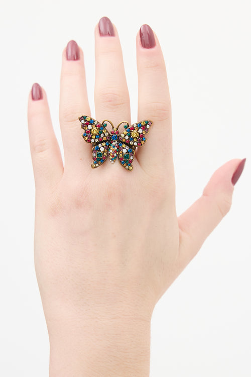 Gucci Gold & Multicolour Crystal Butterfly Ring
