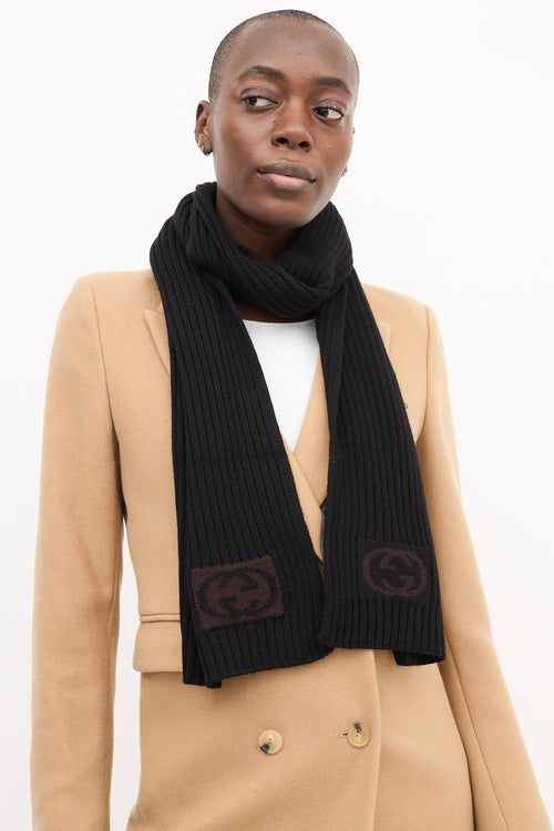 Gucci Black Wool Ribbed GG Logo Scarf