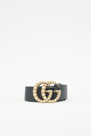 Gucci Leather Pearl Embellished GG Marmont Belt