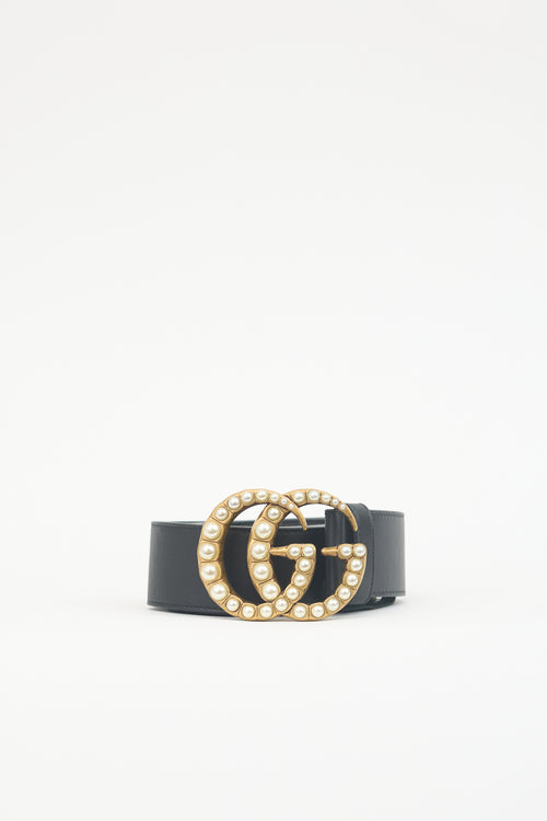 Gucci Leather Pearl Embellished GG Marmont Belt
