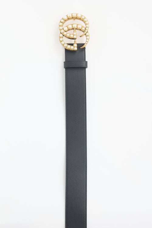 Gucci Leather Pearl Embellished GG Marmont Belt