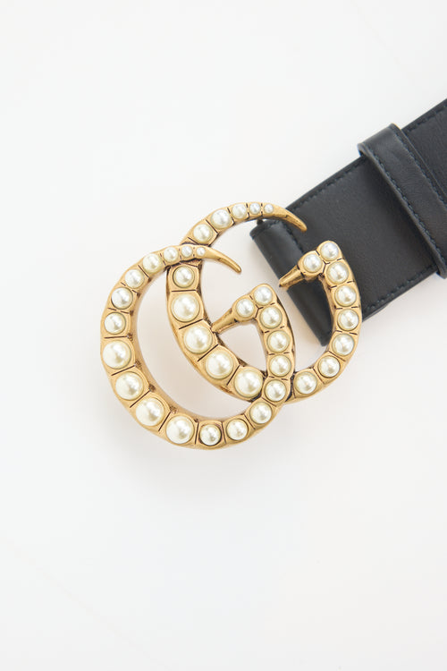 Gucci Leather Pearl Embellished GG Marmont Belt