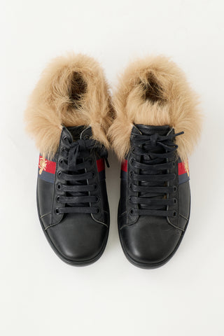 Gucci Leather & Shearling Ace Bee Sneaker