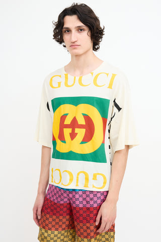 Gucci Cream & Multi Logo Oversized Cropped T-Shirt