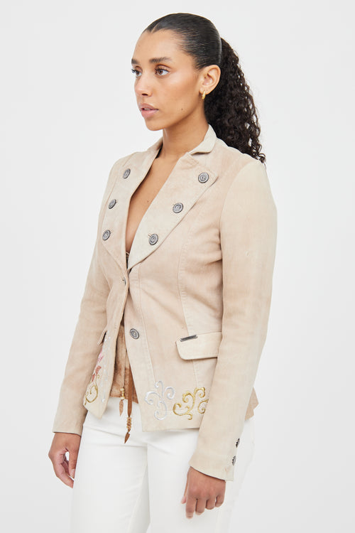 Galliano Beige & Multicolour Suede Embroidered Blazer