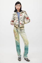 Galliano Cream & Multicolour Floral Newsprint Bomber Jacket