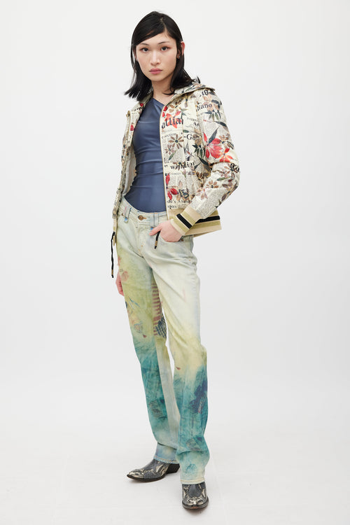 Galliano Cream & Multicolour Floral Newsprint Bomber Jacket