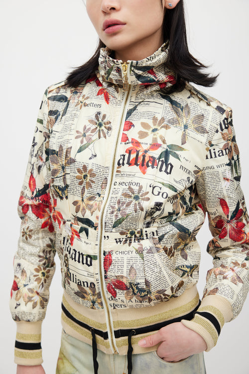 Galliano Cream & Multicolour Floral Newsprint Bomber Jacket