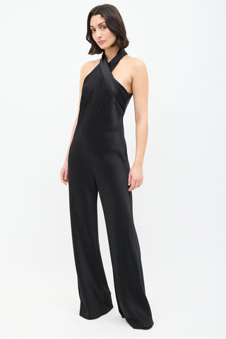 Galvan Black Satin Pandora Flared Leg Jumpsuit