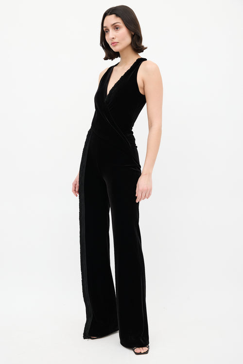 Galvan Black Velvet & Fringe Surplice Jumpsuit