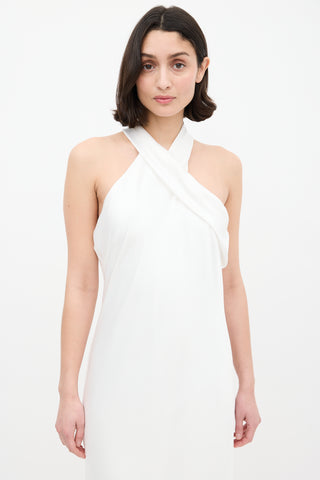 Galvan White Satin Cropped Pandora Halter Neck Dress