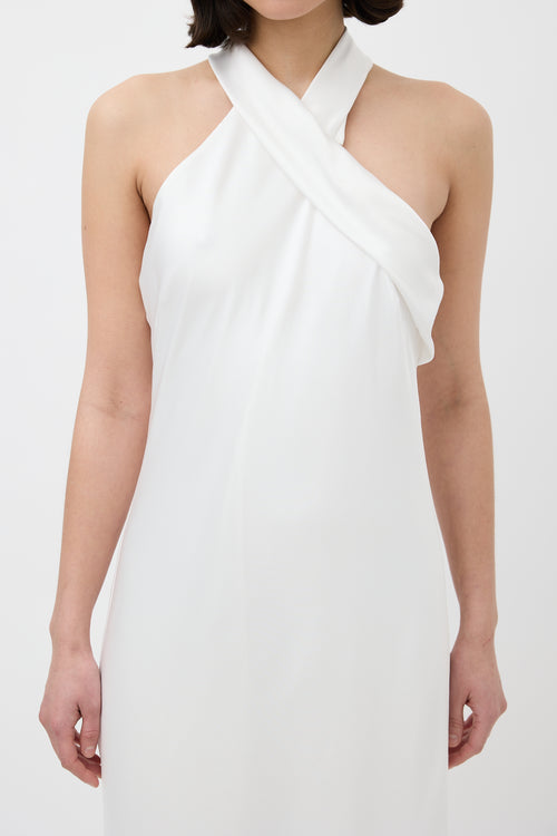 Galvan White Satin Cropped Pandora Halter Neck Dress