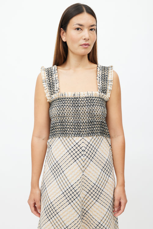 Ganni Beige & Multicolour Plaid Seersucker Dress