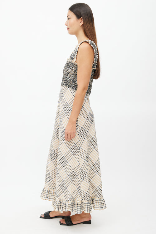 Ganni Beige & Multicolour Plaid Seersucker Dress