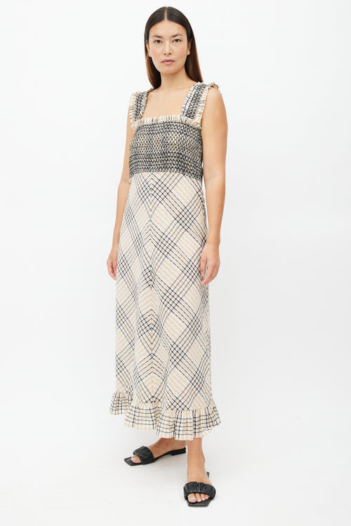 Ganni Beige & Multicolour Plaid Seersucker Dress