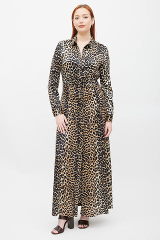 Ganni Brown & Black Printed Silk Button Up Dress