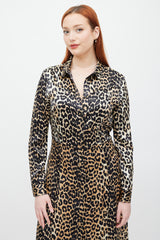 Ganni Brown & Black Printed Silk Button Up Dress