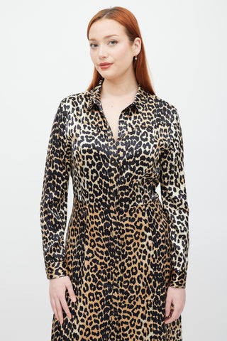 Ganni Brown & Black Printed Silk Button Up Dress