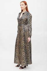 Ganni Brown & Black Printed Silk Button Up Dress