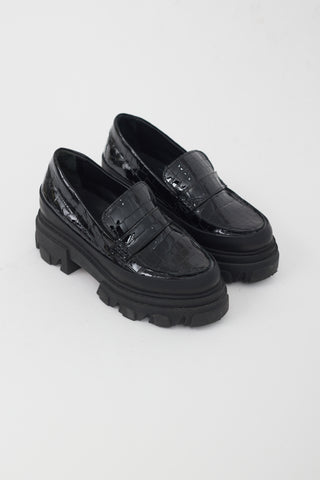 Ganni Black Leather Textured Platform Loafer