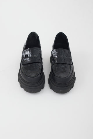 Ganni Black Leather Textured Platform Loafer
