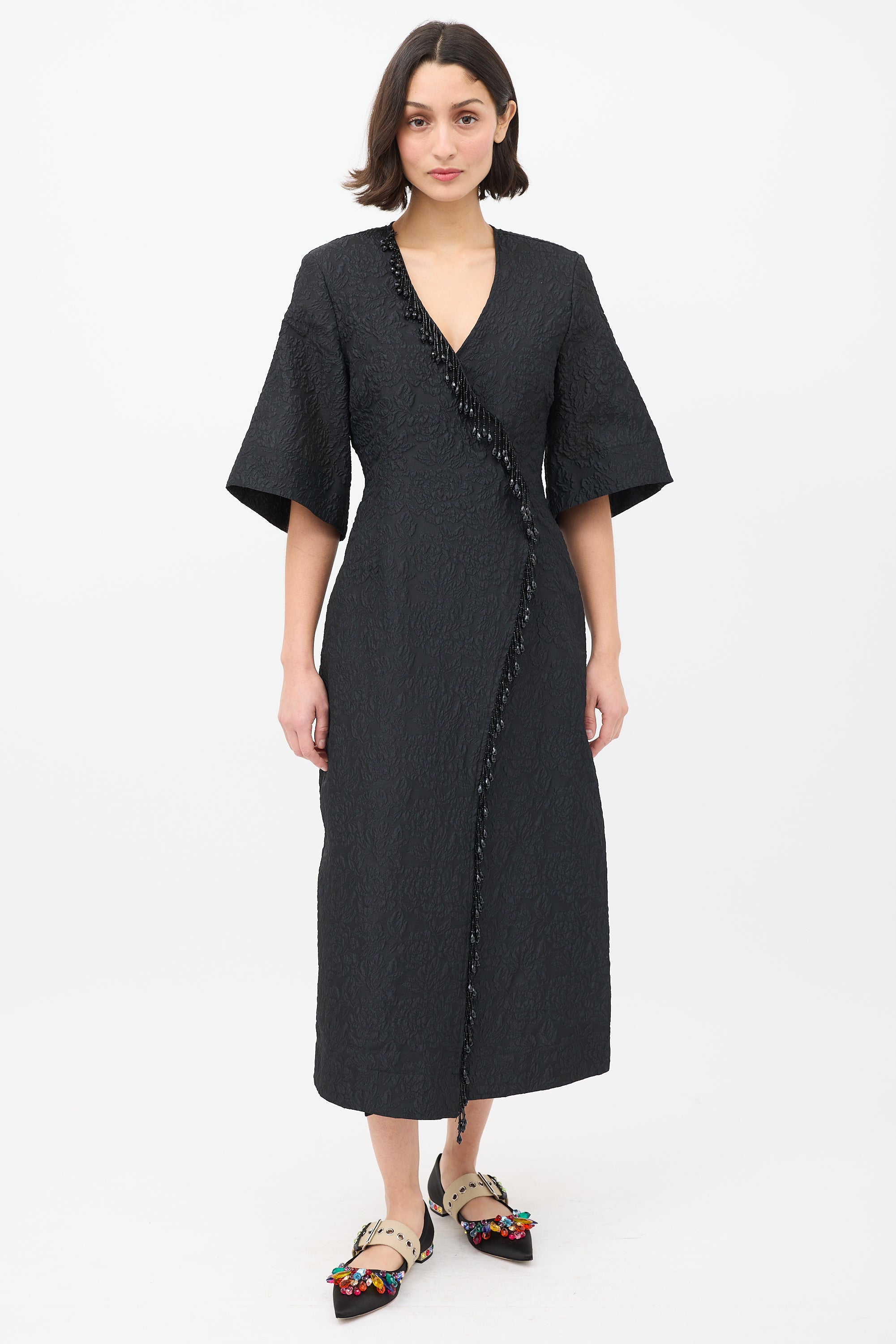 ganni black dress Ganni // Floral Jacquard Wrap Dress – VSP Consignment