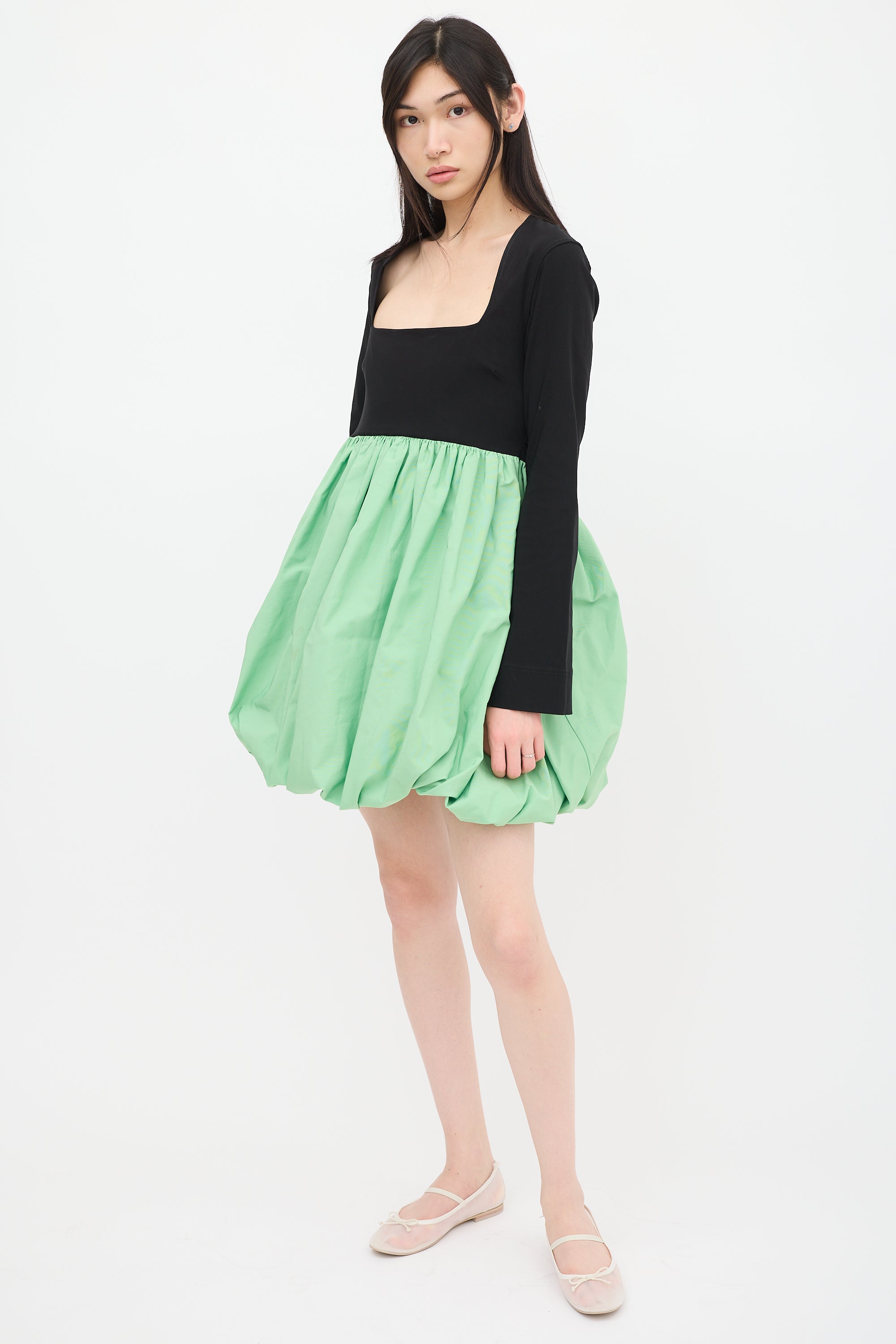 ganni green and black dress Ganni Neon Green/Black Checkered Cotton Puff Sleeve Dress XS Ganni