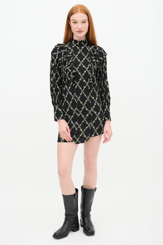 Ganni Black & Green Floral Ruffle Dress