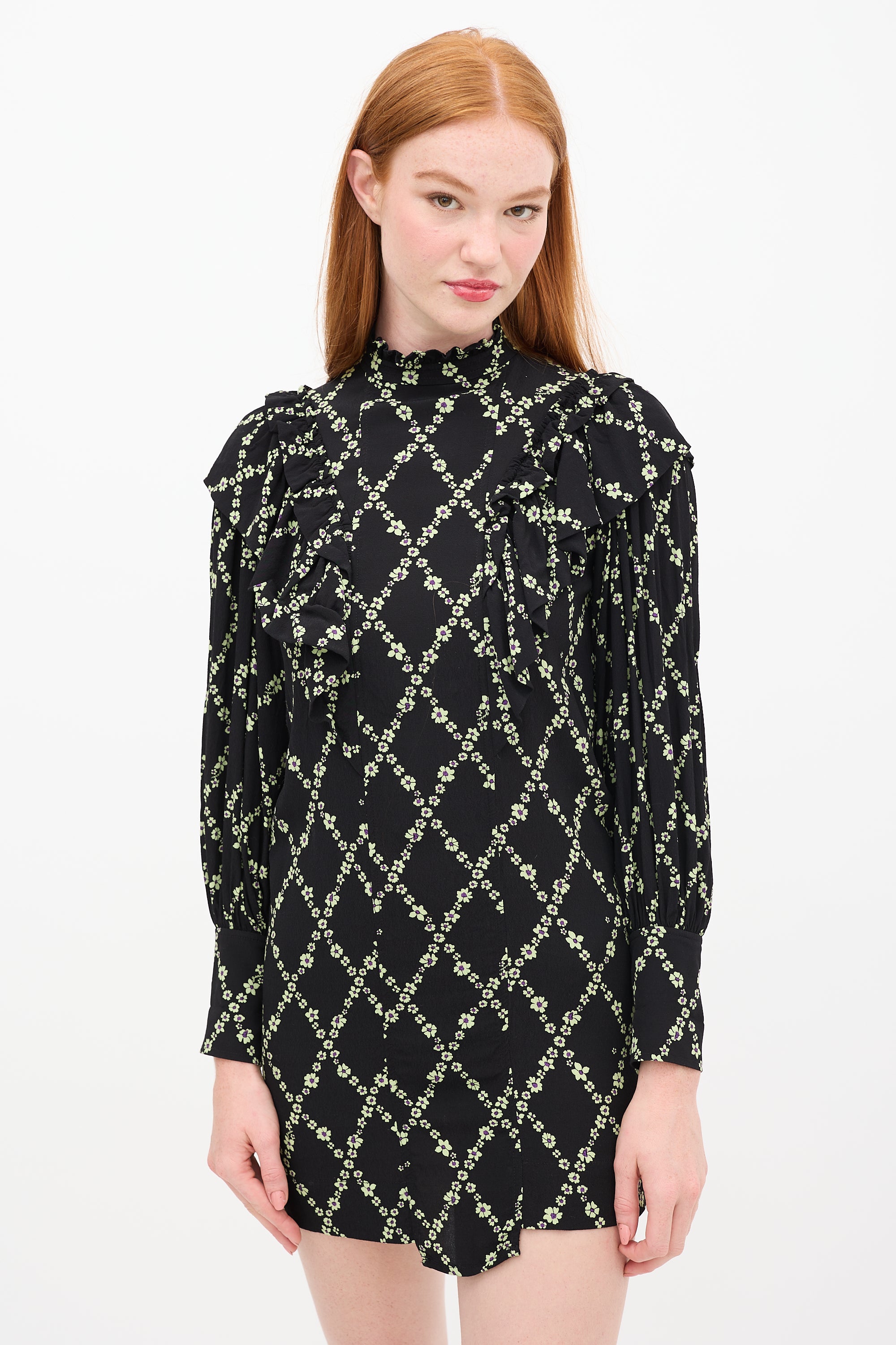 Ganni // Black & Green Floral Ruffle Dress VSP Consignment Ganni // Black & Green Floral Ruffle Dress VSP Consignment