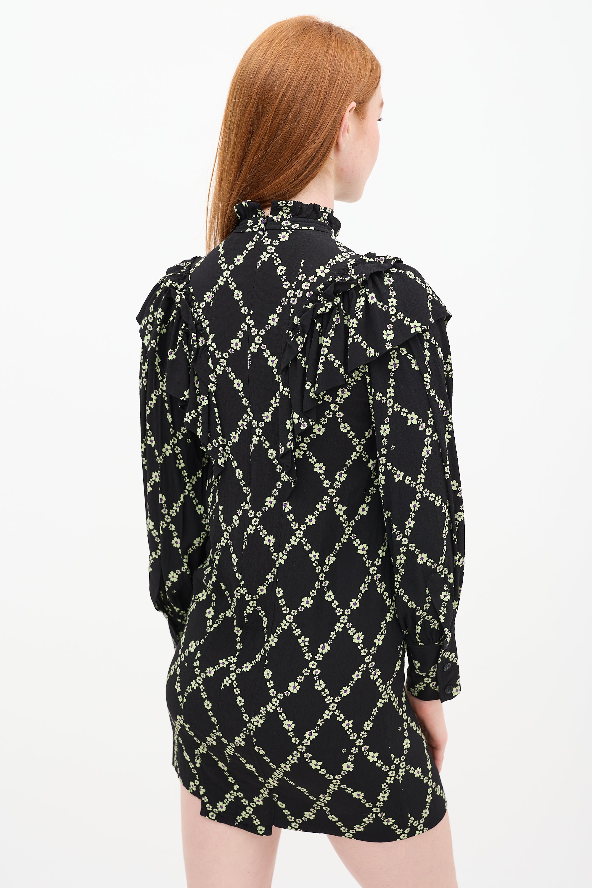 Ganni // Black & Green Floral Ruffle Dress VSP Consignment Ganni // Black & Green Floral Ruffle Dress VSP Consignment