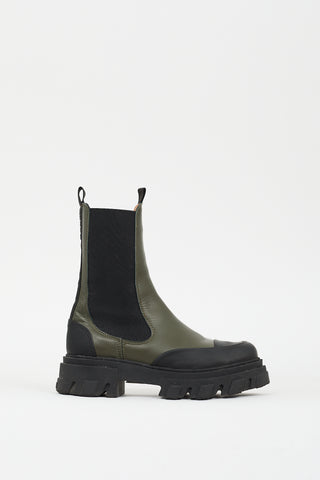 Ganni Black & Green Leather City Boot