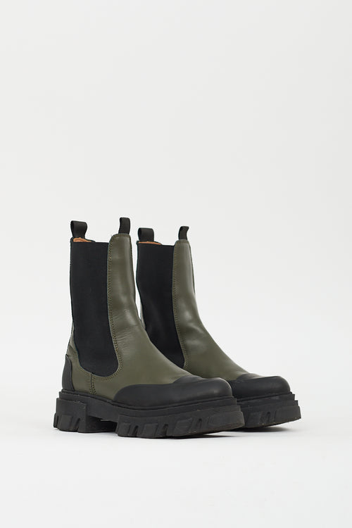 Ganni Black & Green Leather City Boot